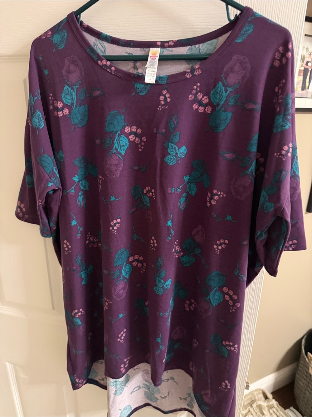LuLaRoe Purple Floral Short Sleeve Top with Teal and Pink Accents